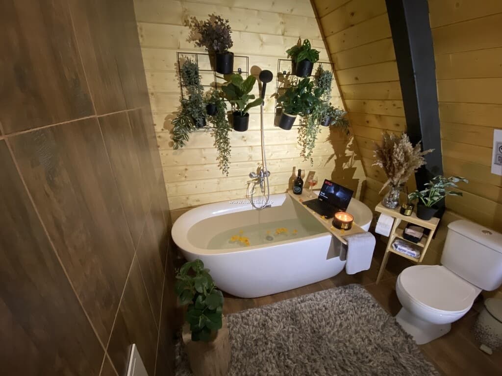 Baie cu cadă freestanding albă lângă un perete placat cu gresie imitație lemn și un suport metalic cu plante.